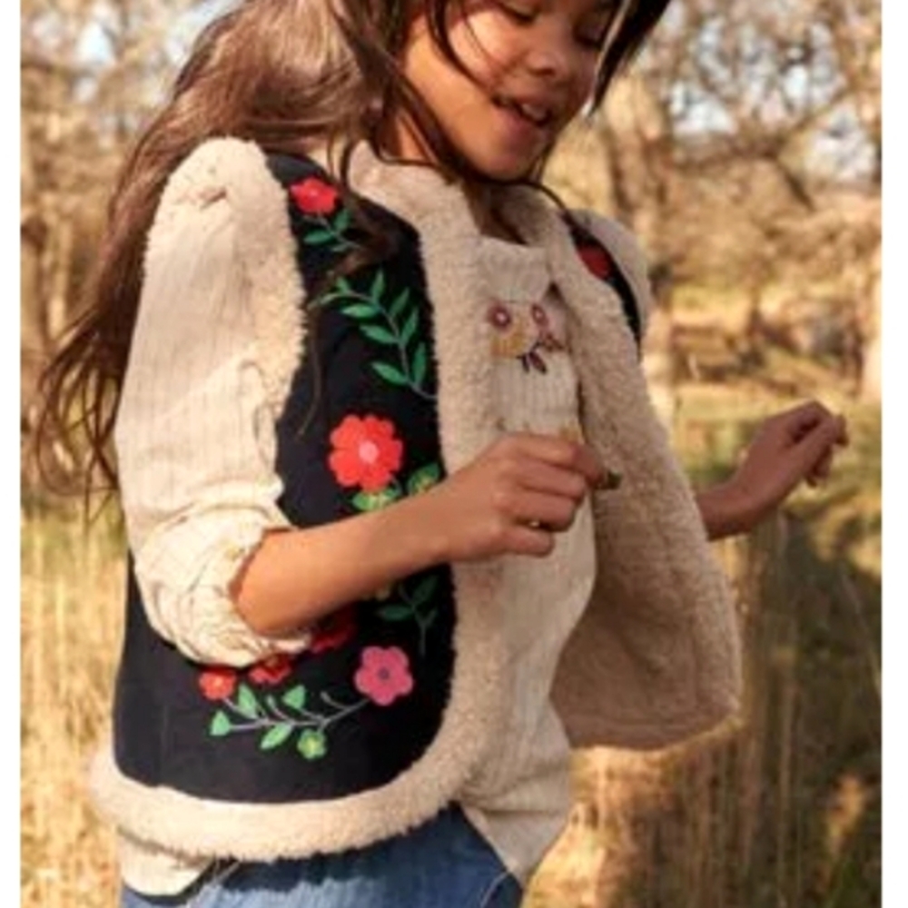 Mini Boden Shaggy Lined Embroidered Vest College Navy Corduroy 7-8y